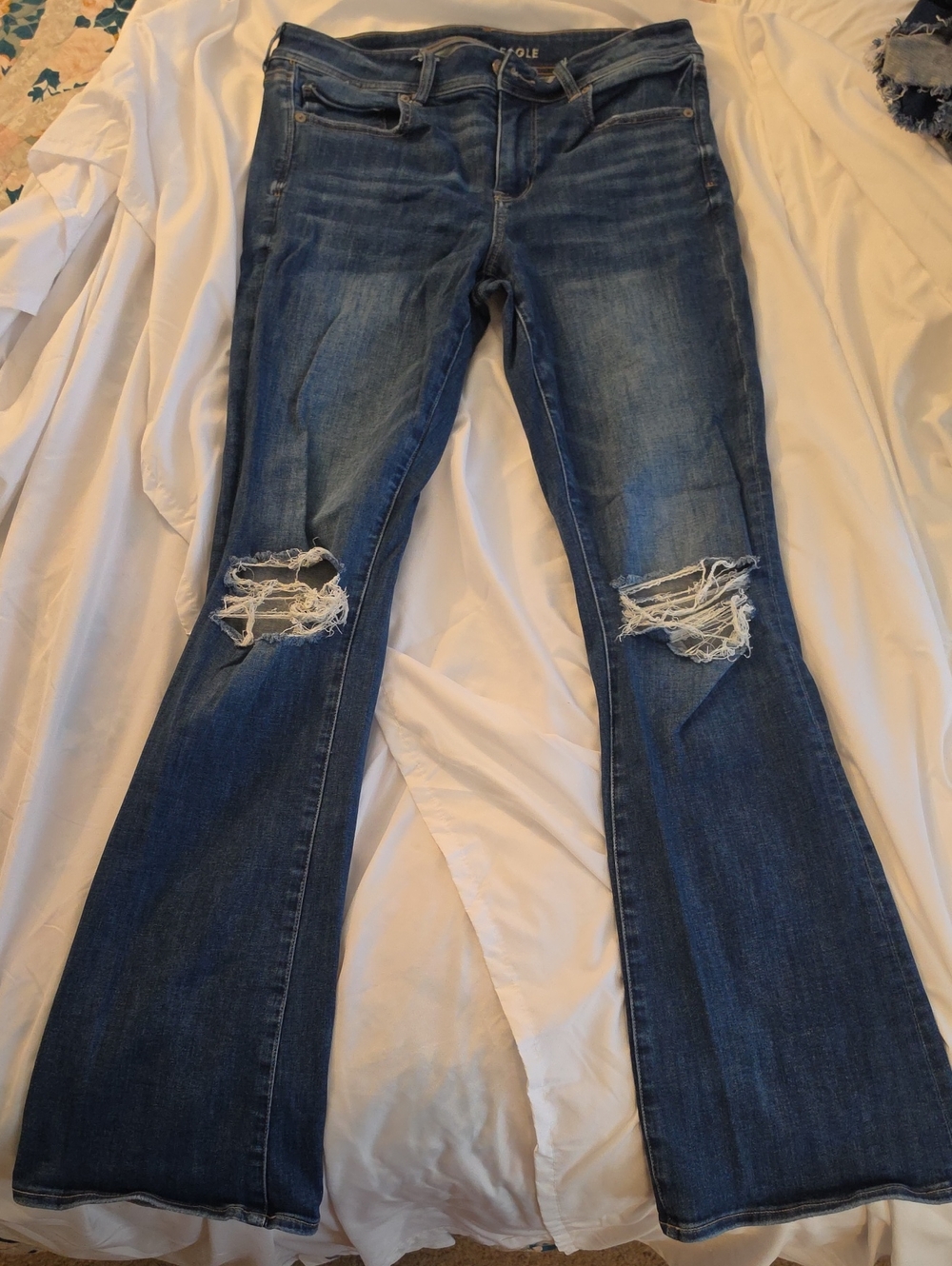American Eagle Outfitters Dark Blue Distressed Kickboot Jeans, Size 12 Long